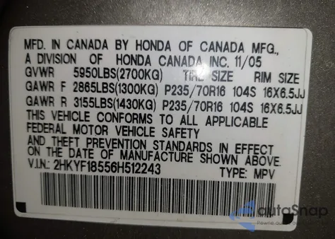 2006 Honda Pilot Ex-L z USA, uszkodzony, nr VIN 2HKYF18556H512243